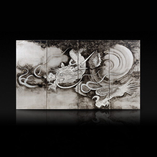 Miniature four-panel folding screen: Dragon and Clouds 【Free