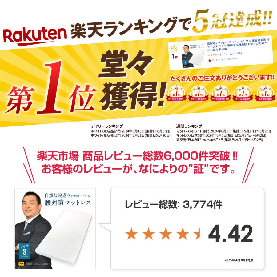 モットン 25日 【+5％】モットン 高反発 マットレス シングル 腰痛 腰
