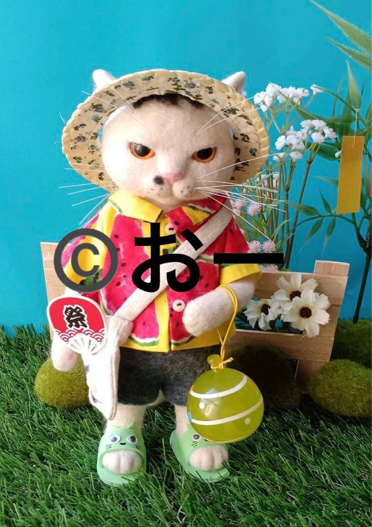 ハンドメイド★羊毛フェルト　夏　ネコ　うちわ　サンダル　麦わら帽子 ハンドメイド☆羊毛フェルト 夏 ネコ うちわ サンダル 麦わら帽子
